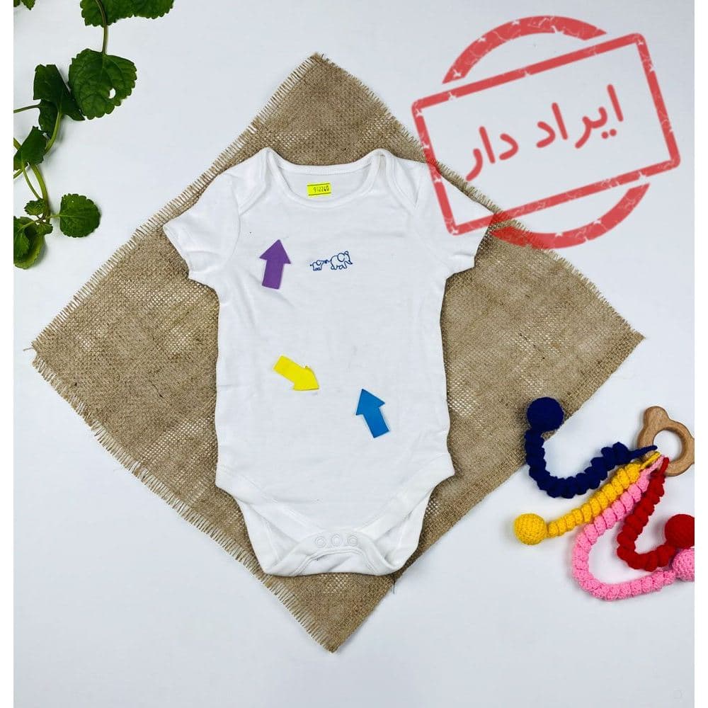 ایراد دار _ بادی نوزادی آستین کوتاه طرح فیل ساده یقه گرد سفید رنگ – 2 تا 6 ماه