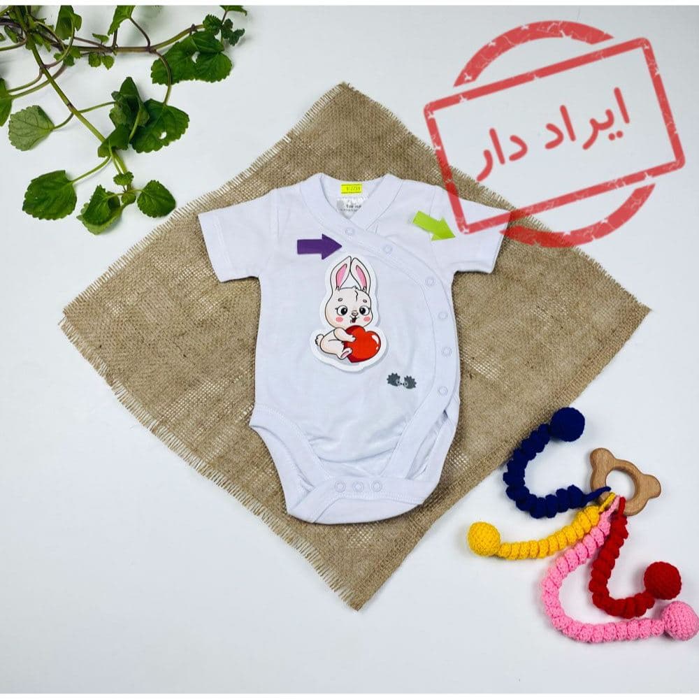 بادی نوزادی آستین کوتاه طرح خرگوش بادی جلو دکمه ای سفید رنگ – 2 تا 3 ماه