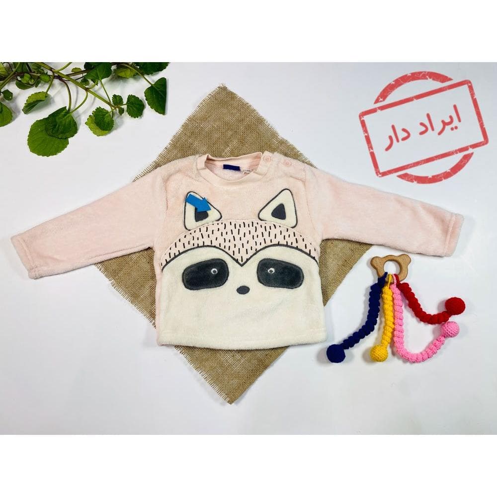 ایراد دار _ بلوز نوزادی دخترانه آستین بلند برند لوپیلو طرح خرس یقه گرد خز دار صورتی کمرنگ – 6 تا 12 ماه