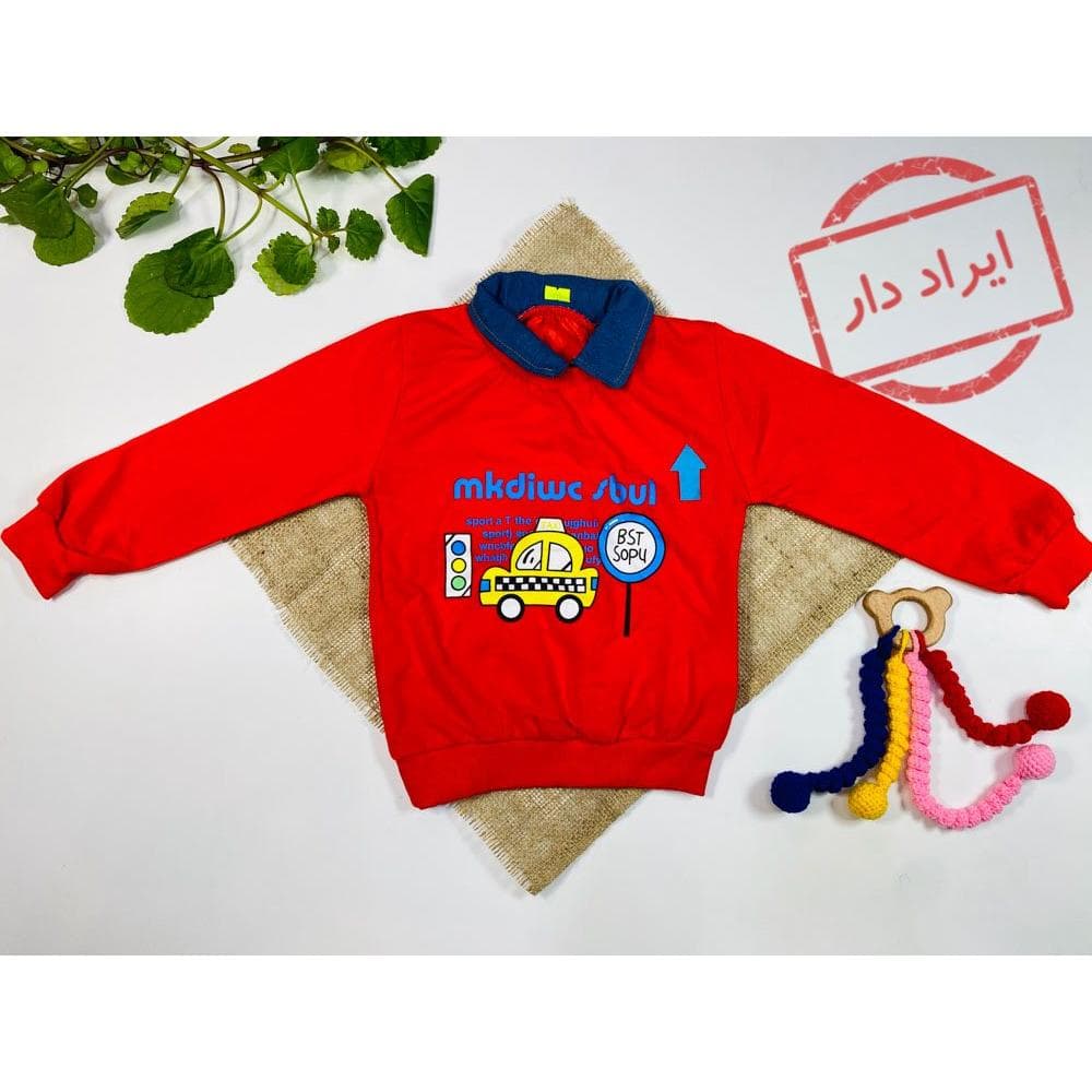 ایراد دار _ بلوز پسرانه آستین بلند طرح ماشین دو یقه مدل مردونه و گرد قرمز رنگ – 2 تا 4 سال