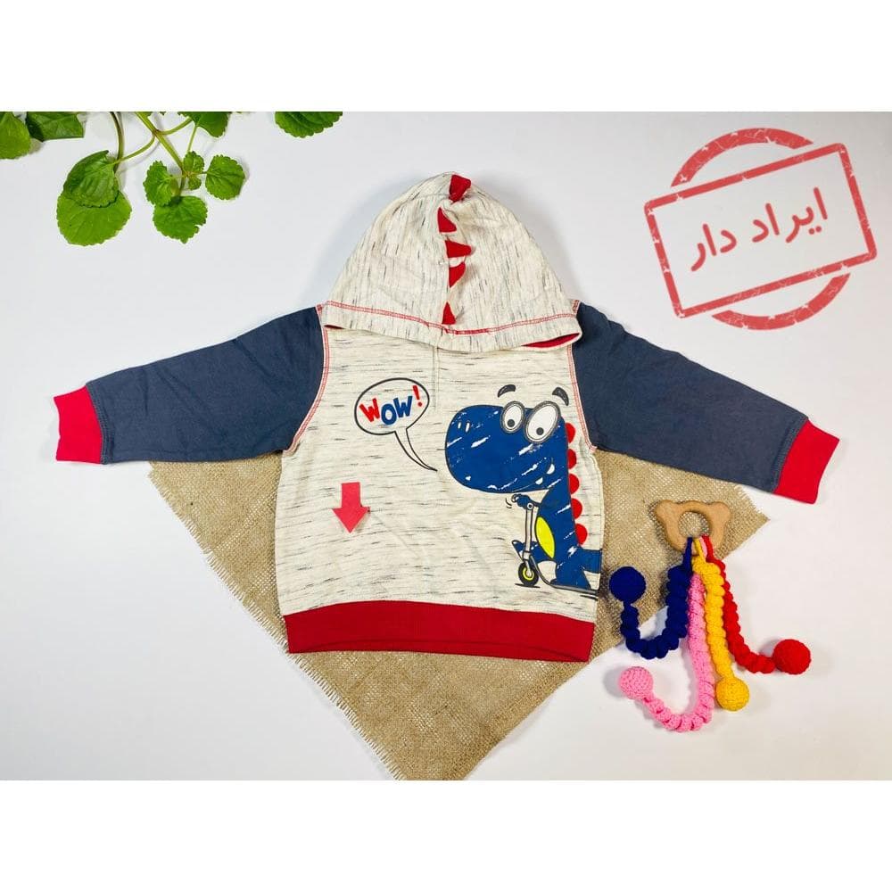 ایراد دار _ سویشرت نوزادی آستین بلند طرح تمساح هودی کلاه دار جلو بسته کرمی رنگ – 12 تا 18 ماه