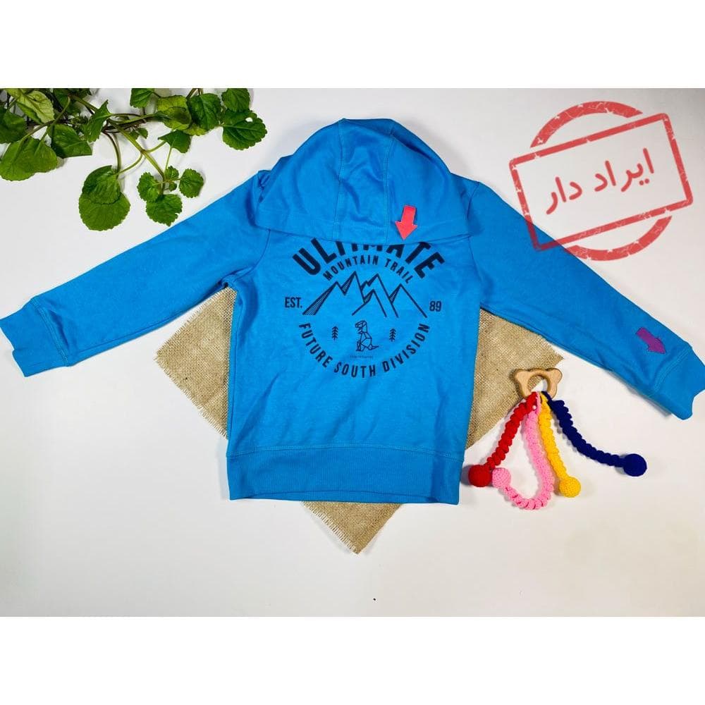 ایراد دار _ سویشرت پسرانه آستین بلند برند george طرح متن انگلیسی هودی کلاه دار جلو بسته آبی رنگ – 8 سال