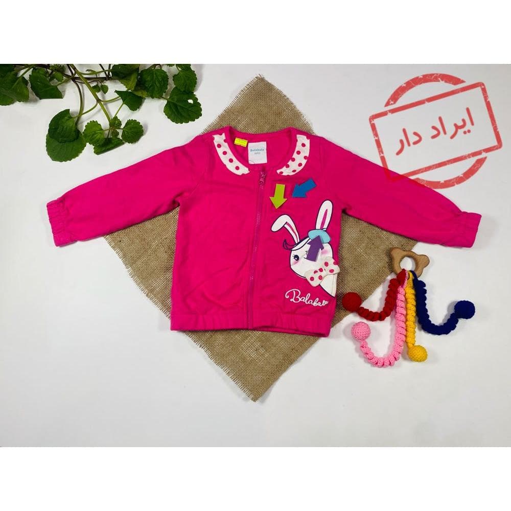 ایراد دار _ سویشرت نوزادی دخترانه آستین بلند طرح خرگوش جلو زیپی بدون کلاه صورتی رنگ – 6 تا 12 ماه