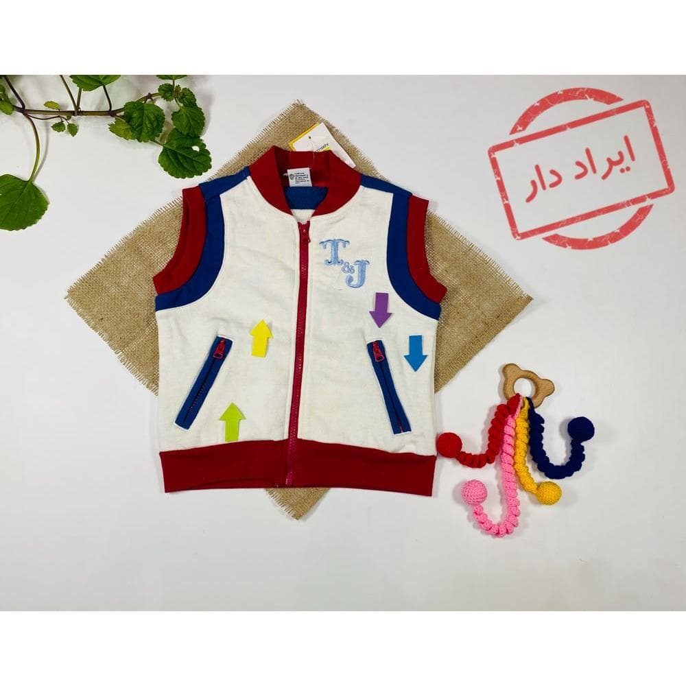 ایراد دار _ سویشرت نوزادی پسرانه آستین بلند طرح پشت لباس تام و جری حلقه ای بدون استین جلو زیپ سفید رنگ – 12 تا 24 ماه