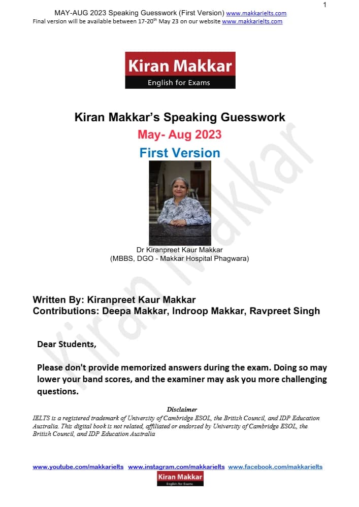 کتاب Kiran Makkar Speaking Cue Cards May–August 2023 First Version (کیوکارت‌های اسپیکینگ؛ می تا آگوست ۲۰۲۳) نسخه انگلیسی PDF | Kiran Makkar