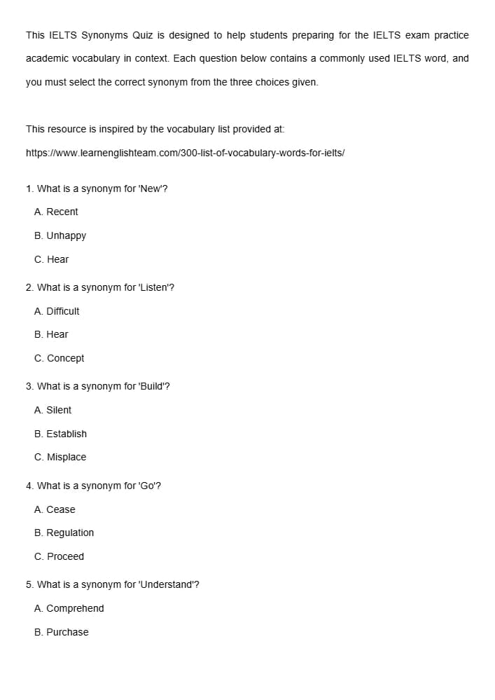 کتاب IELTS Synonyms Quiz: MCQ (آزمون چهارگزینه‌ای مترادف‌های آیلتس) نسخه انگلیسی PDF
