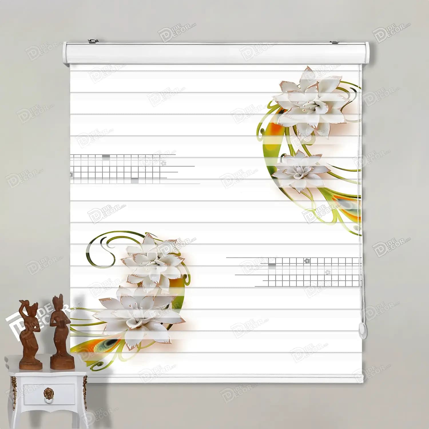 پرده زبرا چاپی گل سه بعدی سفید کد 3DF-018