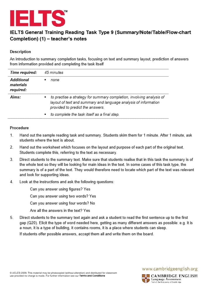کتاب IELTS General Training Reading Task Type 9: Summary, Note, Table & Flow Chart (ریدینگ جنرال آیلتس؛ نوع سؤال ۹) نسخه انگلیسی PDF