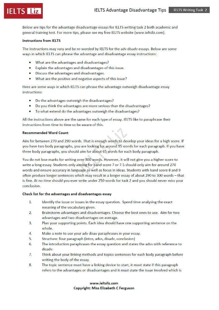 کتاب IELTS Liz: Advantage & Disadvantage Tips (نکات رایتینگ مزایا و معایب از IELTS Liz) نسخه انگلیسی PDF