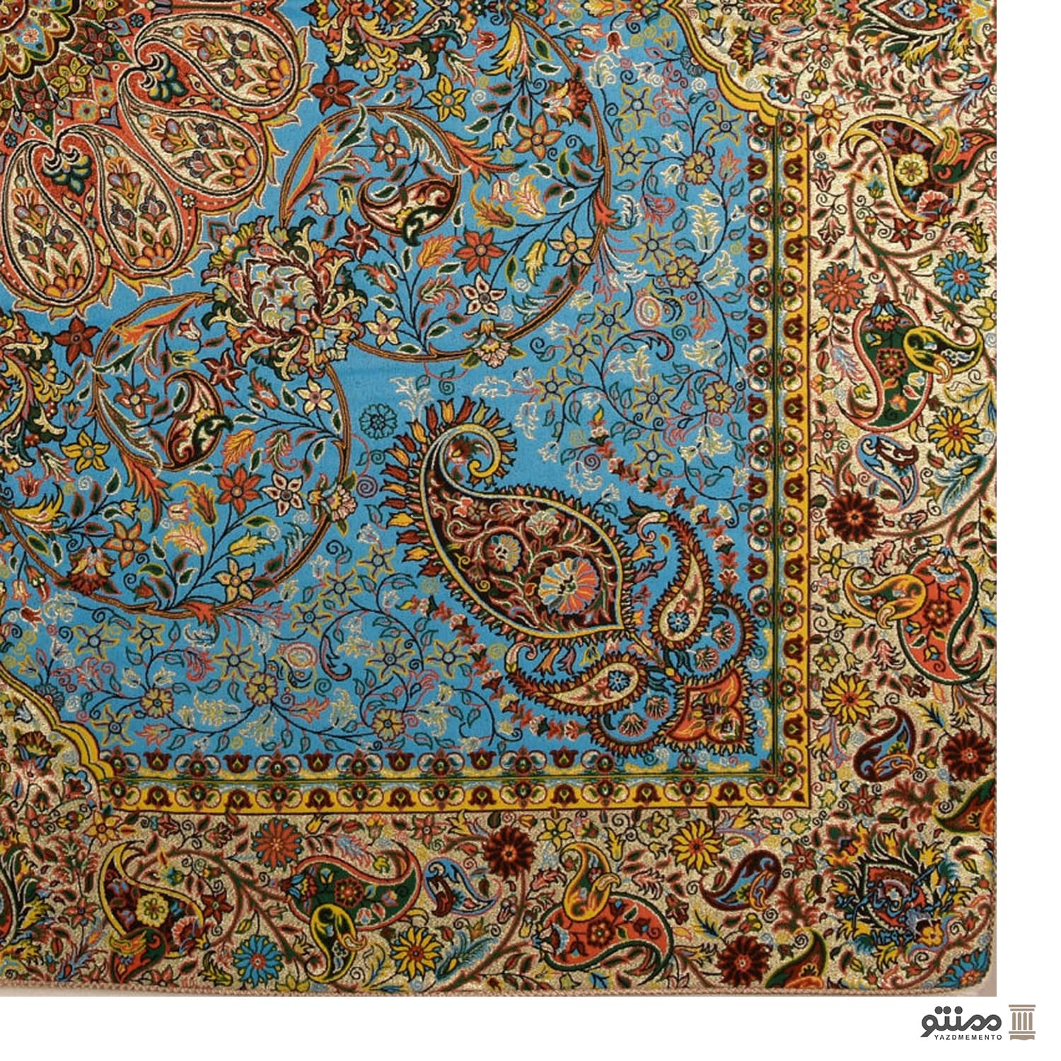 رومیزی مربع ترمه طرح افشار رنگ آبی آسمانی نگین خاتم — تصویر ۲