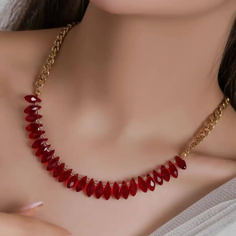 گردنبند زنانه جواهری دانه انار و کارتیر آبکاری درجه یک نقره ضد حساسیت رنگ ثابت کد ztj