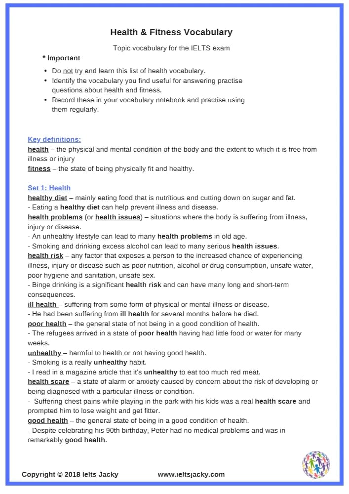 کتاب Health Vocabulary List (فهرست واژگان سلامت) نسخه انگلیسی PDF