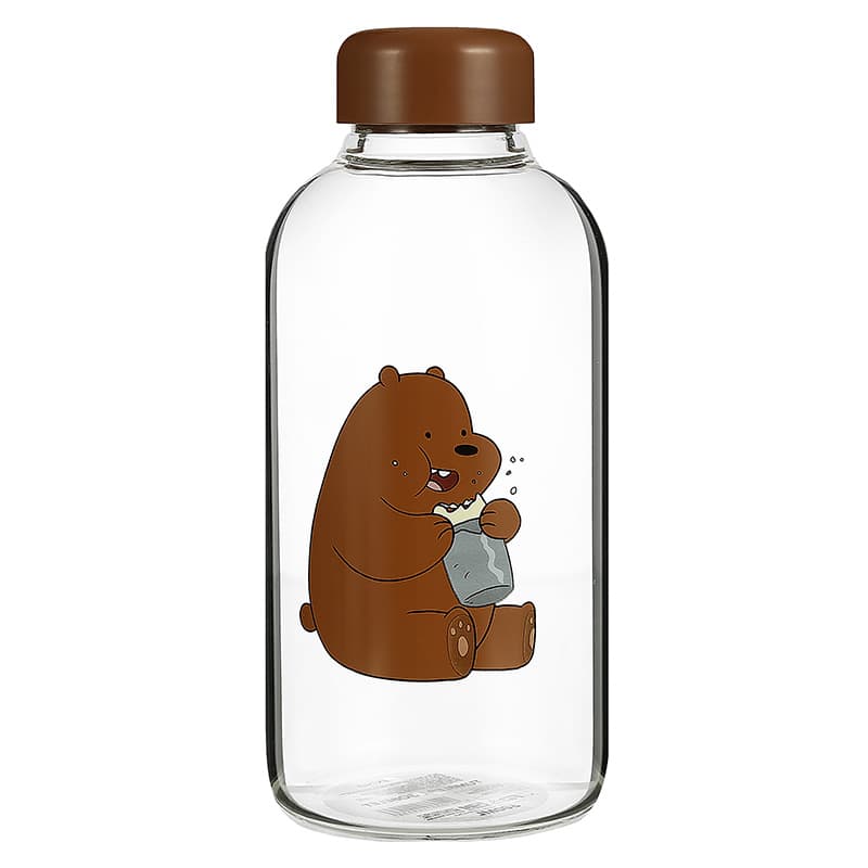 بطری ما خرسها مینیسو، مدل We Bare Bears-Pot-bellied Glass Bottle، قهوایی/طرح گریزی، 600 ml/پیرکس