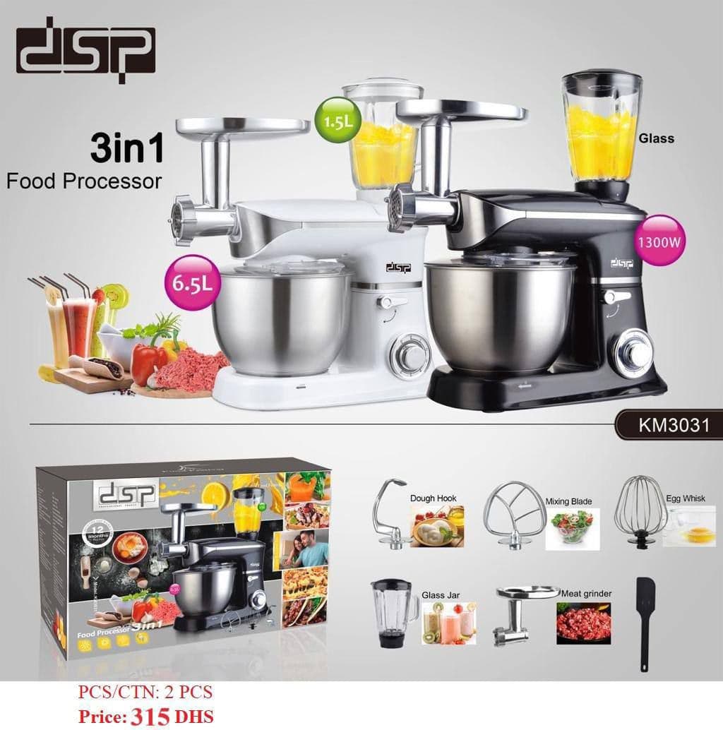 غذاساز ۳ کاره DSP مدل KM3031 با کاسه 6.5 لیتری، مخلوط‌کن شیشه‌ای و چرخ‌گوشت
