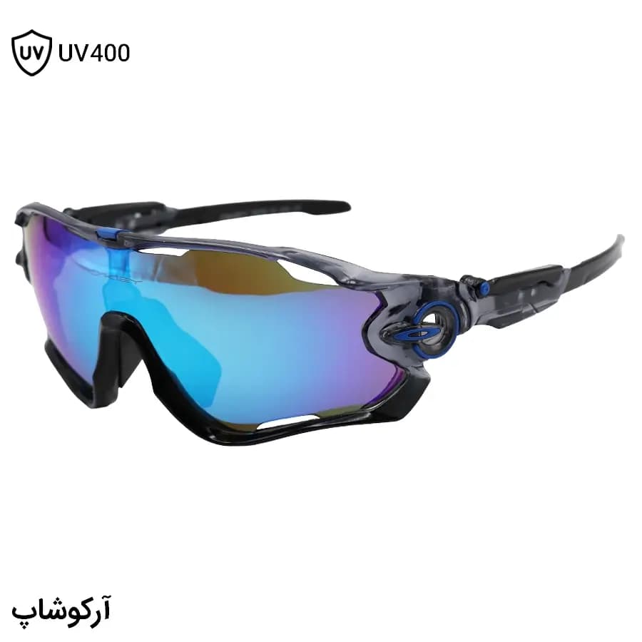عینک ورزشی اوکلی JAW با فریم رنگ مشکی و طوسی براق، بیس دار، لنز جیوه‌ای و رنگ آبی مدل OO9290