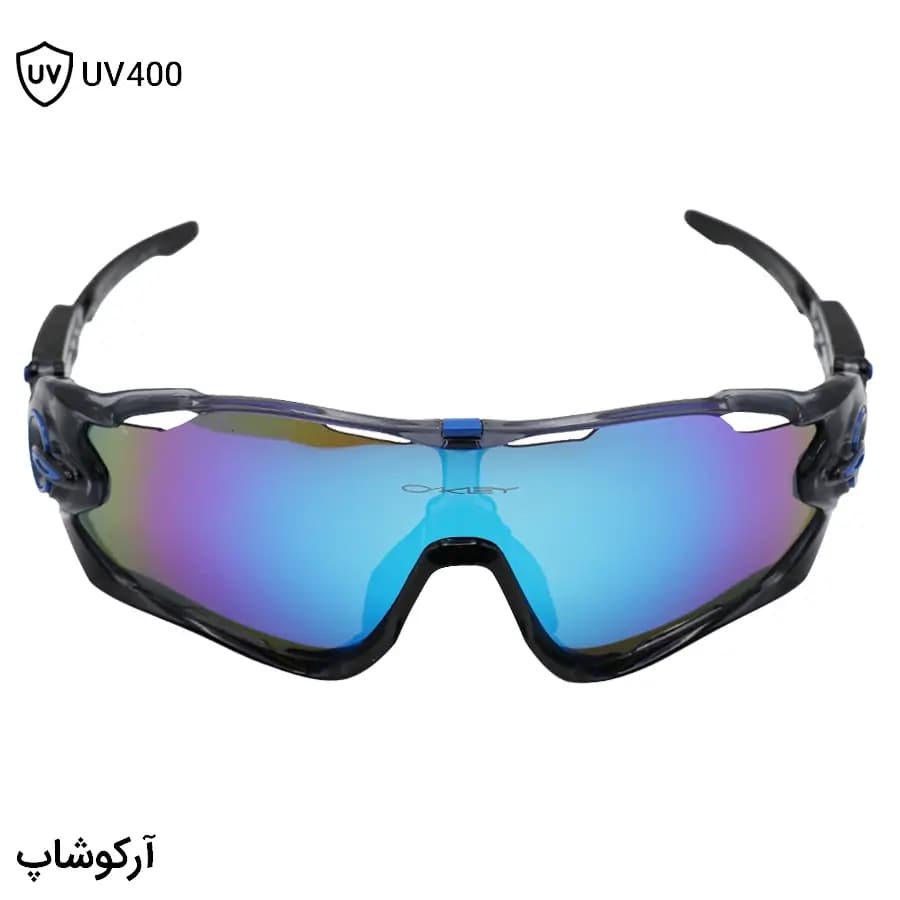 عینک ورزشی اوکلی JAW با فریم رنگ مشکی و طوسی براق، بیس دار، لنز جیوهای و رنگ آبی مدل OO9290 — تصویر ۳