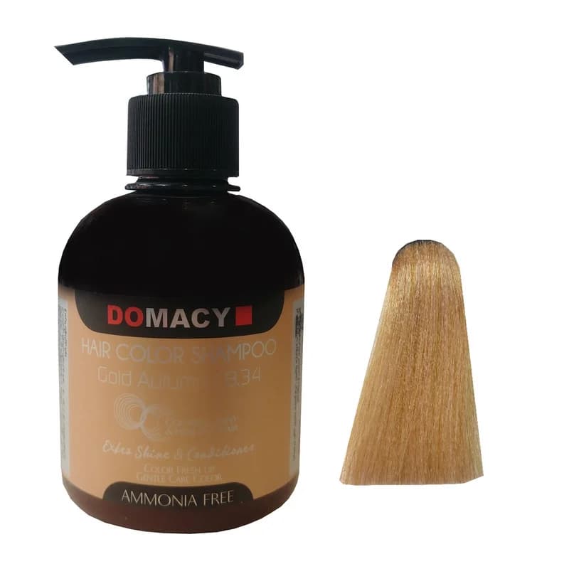 شامپو رنگ مو دوماسی مدل 8.34 رنگ طلایی پاییزی بدون آمونیاک، حاوی نرم‌کننده و مرطوب‌کننده، مناسب برای رنگ‌کردن موهای دائمی با ماندگاری بالا و حفظ لطافت و نرمی مو با محفظه پمپی، وزن 300 گرم حجم 300 میلی