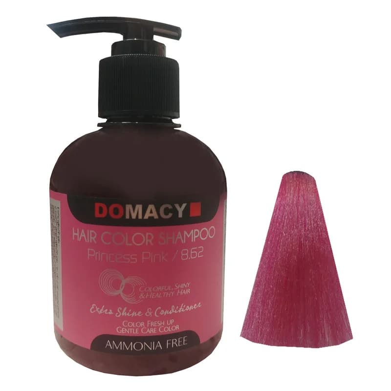 شامپو رنگ مو دوماسی شماره 8.62 رنگ صورتی پرنسسی بدون آمونیاک، حاوی نرم‌کننده و مرطوب‌کننده، مناسب برای حفظ لطافت و نرمی مو با محفظه پمپی، کشور مبدا ایران حجم 300 میلی‌لیتر