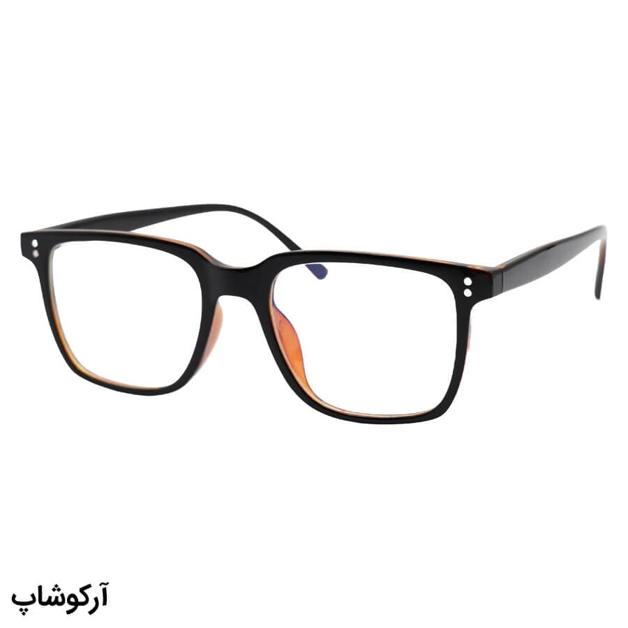 عینک با فریم مستطیلی شکل، رنگ قهوه‌ای و لنز بی‌رنگ و از جنس پلی کربنات (بلوکات) مدل 28061