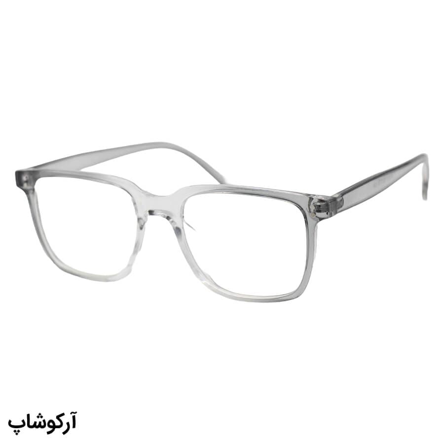عینک با فریم مستطیلی شکل، رنگ طوسی و لنز بی‌رنگ و از جنس پلی کربنات (بلوکات) مدل 28061
