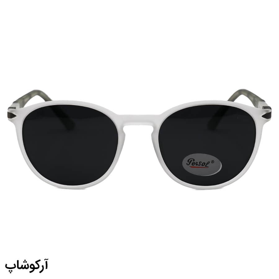 عینک آفتابی پرسول با فریم گرد، رنگ سفید یخی، دسته طوسی و لنز دودی و پلاریزه مدل P3222 — تصویر ۲