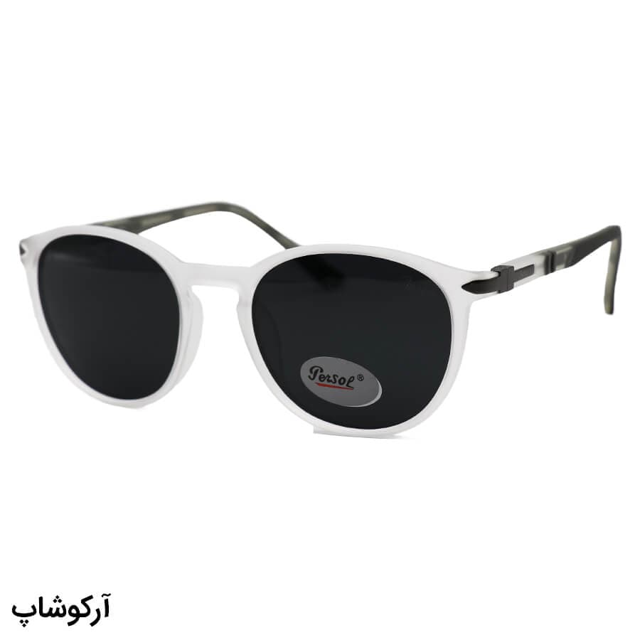 عینک آفتابی پرسول با فریم گرد، رنگ سفید یخی، دسته طوسی و لنز دودی و پلاریزه مدل P3222