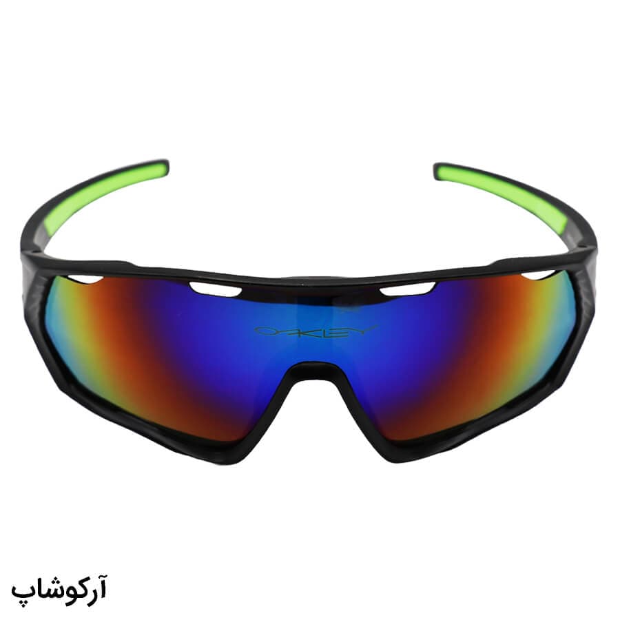 عینک ورزشی برند اوکلی با فریم رنگ مشکی مات، لنز جیوه‌ای و چند رنگ مدل 9330 — تصویر ۴