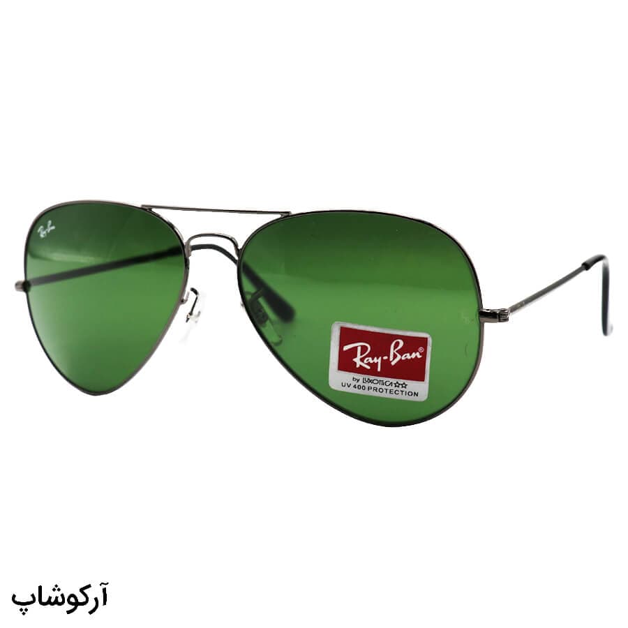 عینک آفتابی ریبن با فریم رنگ نوک مدادی، شکل خلبانی و لنز سبز تیره و آنتی رفلکس مدل RB3026