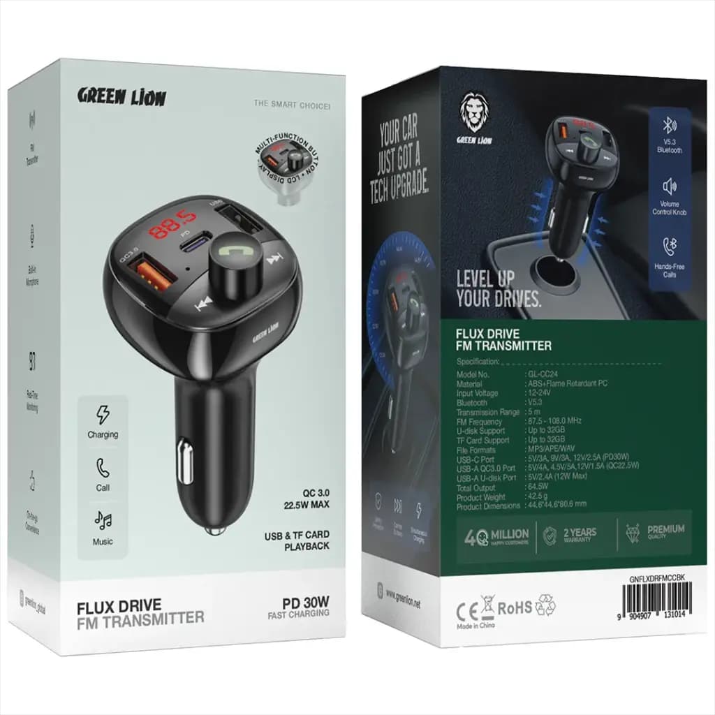 شارژر فندکی Green Lion Flux Drive FM Transmitter با Bluetooth 5.3 و PD 30W — تصویر ۲