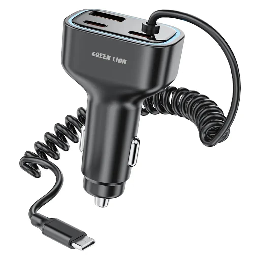شارژر فندکی Green Lion 90W با دو پورت USB-C و کابل USB-C داخلی