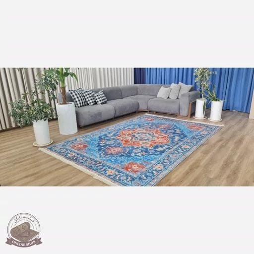 فرشینه آبی نارنجی مدرن جنس مخمل تُرک استُپ دار ابعاد دلخواه — تصویر ۳