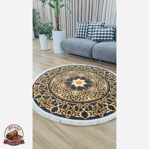 فرشینه گرد مخمل مشکی طلایی مدرن استُپ دار (ابعاد دلخواه) — تصویر ۲