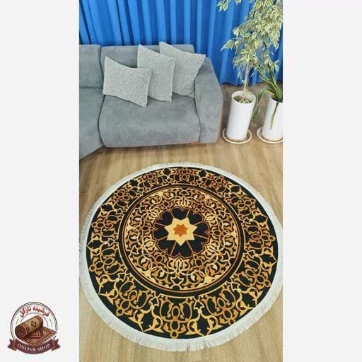 فرشینه گرد مخمل مشکی طلایی مدرن استُپ دار (ابعاد دلخواه) — تصویر ۵