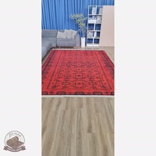 فرشینه قرمز مشکی u452 با طرح سنتی و هندسی، بافت مخملی مدرن استپدار، قابل سفارش در ابعاد دلخواه — تصویر ۶