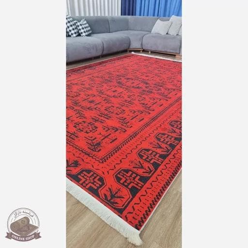 فرشینه قرمز مشکی u452 با طرح سنتی و هندسی، بافت مخملی مدرن استپدار، قابل سفارش در ابعاد دلخواه — تصویر ۷