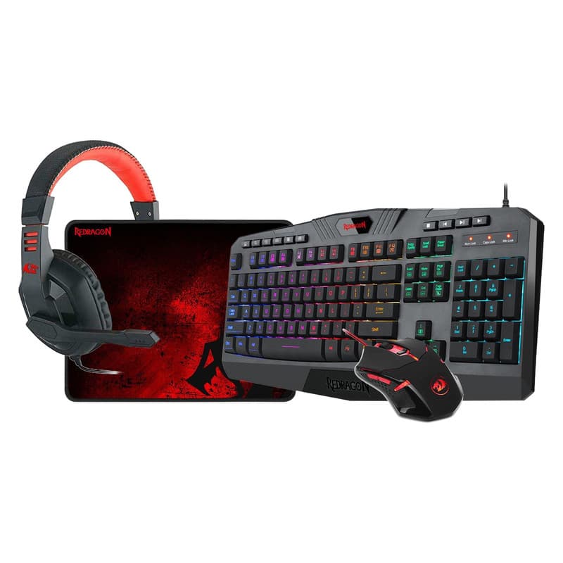 ست گیمینگ ردراگون مدل S101-BA-2 شامل کیبورد 104 کلید با نورپردازی RGB و مقاومت در برابر پاشیده شدن مایعات، ماوس با دقت 800 تا 3200 DPI، هدفون سیمی با درایور 40 میلی‌متری و میکروفون، و ماوس‌پد حرفه‌ای
