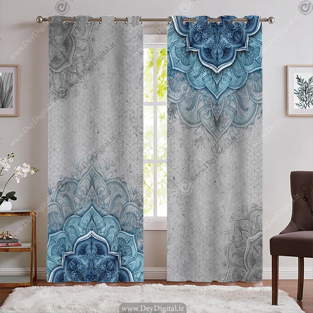 پرده پانچی سه بعدی طوسی آبی طرح شمسه سنتی PK-7789