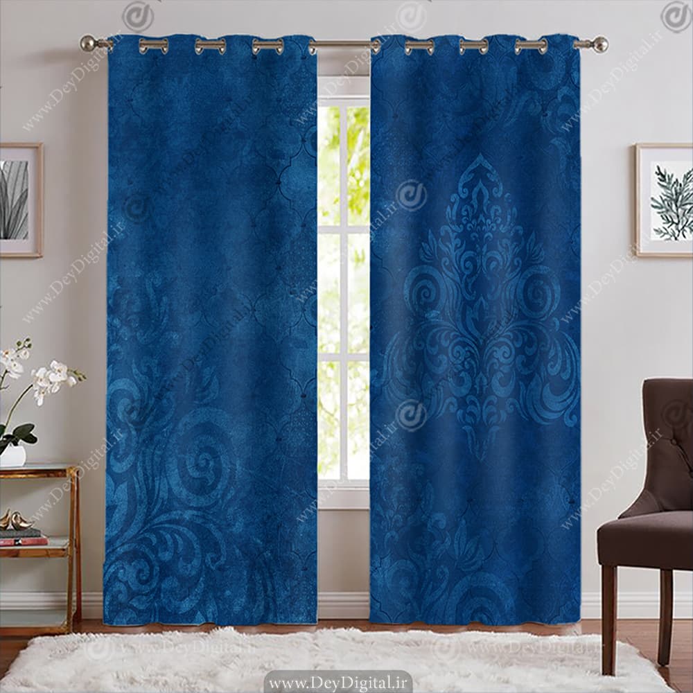 پرده پانپی مخمل طرح سنتی رنگ آبی PK-7805