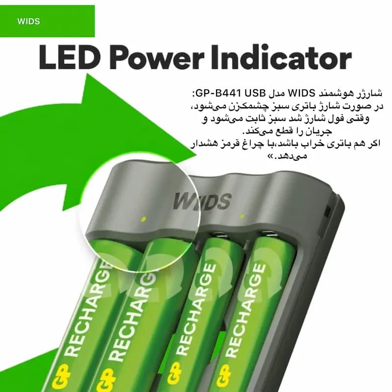 شارژر باتری ویدز مدل GP-B441 به همراه ۴ عدد باتری قلمی و نیم قلمی — تصویر ۲
