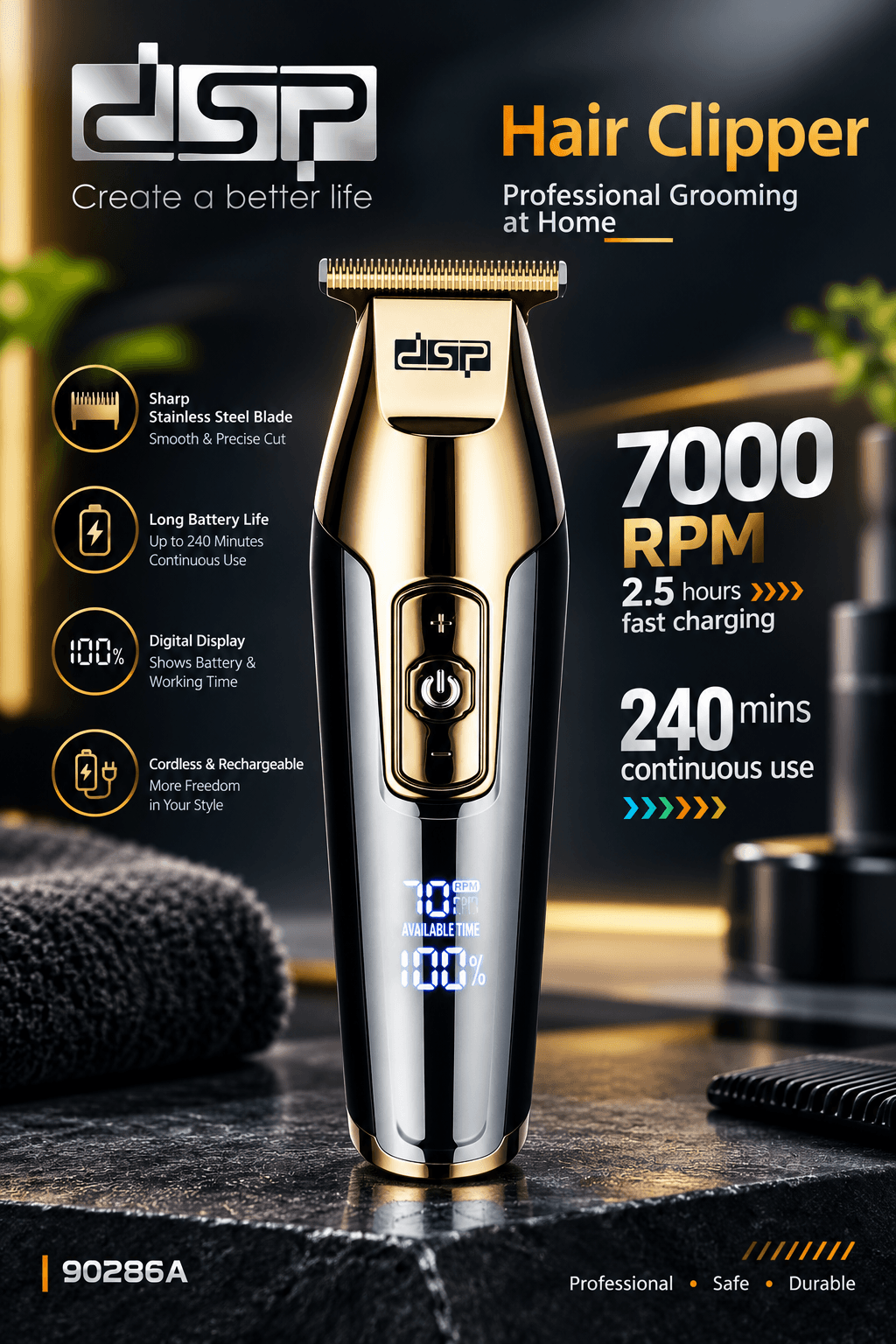 ماشین اصلاح حرفه ای DSP 90286 رنگ لوکس طلایی همراه با سری بیشتر و باطری قوی تر نسبت به نسل قبل(نقره ای)و همراه با کیسه مسافرتی
