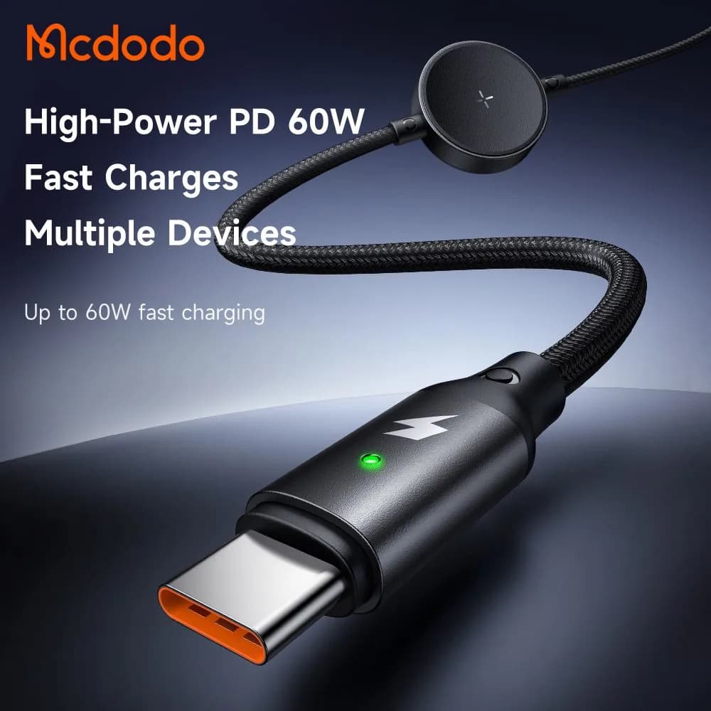 کابل شارژ 2 کاره 60 وات Type-C به Type-C موبایل و ساعت سامسونگ واچ طول 1.5 متر برند مک دودو مدل Mcdodo CA-4170 — تصویر ۷