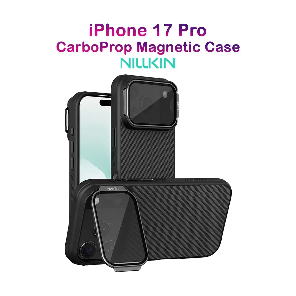 گارد مگنتی کربنی کمرا استند شفاف iPhone 17 Pro مارک نیلکین مدل CarboProp