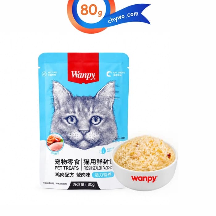 پوچ گربه ونپی طعم مرغ و خرچنگ (آبی) وزن 80 گرم Wanpy Pet Treats — تصویر ۲