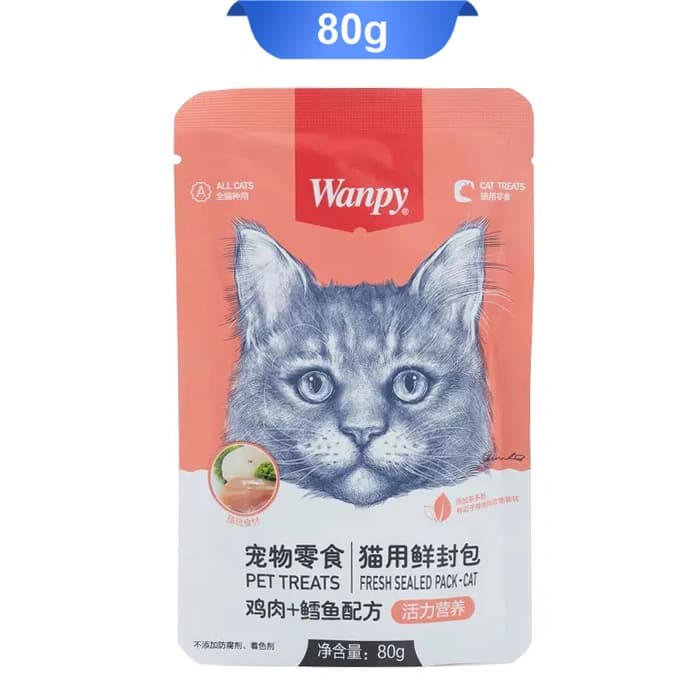 پوچ گربه ونپی طعم مرغ و ماهی کاد (گلبهی) وزن 80 گرم Wanpy Pet Treats