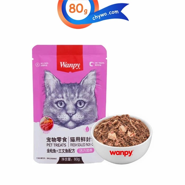 پوچ گربه ونپی طعم ماهی تن و ماهی قزل آلا (صورتی) وزن 80 گرم Wanpy Pet Treats — تصویر ۲