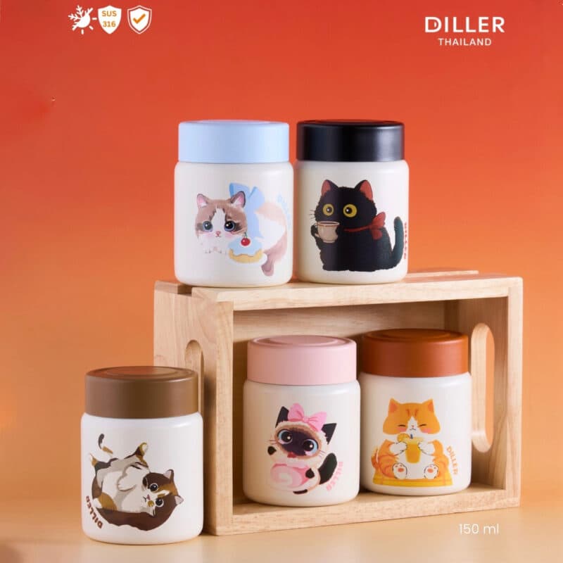 پک فلاسک ۵ عددی DILLER طرح Cats | تراول ماگ مینی استیل ۳۱۶ اورجینال — تصویر ۵