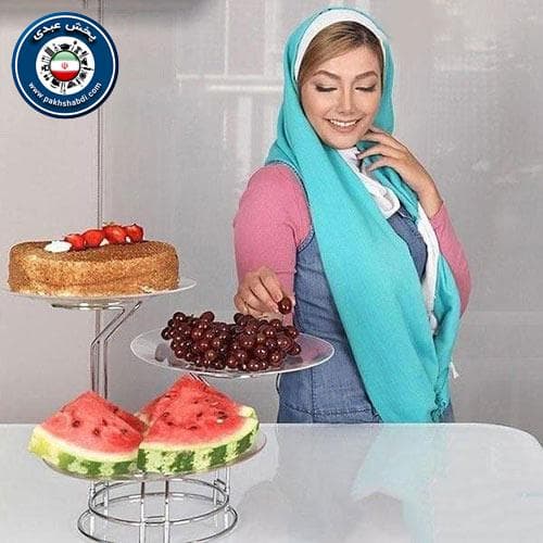 دیس پایه دار میوه و شیرینی سالوت نقره ای — تصویر ۲