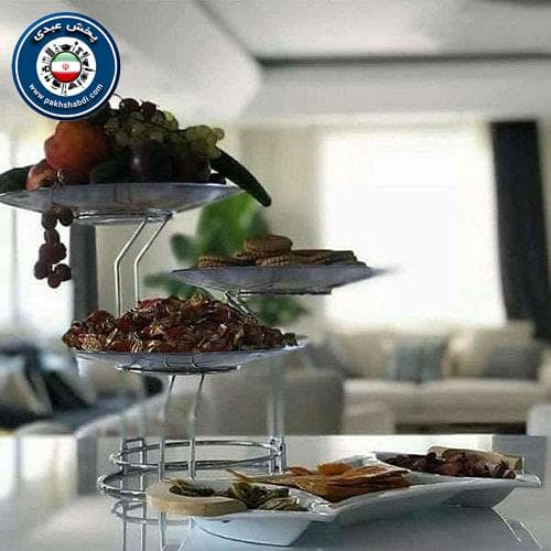 دیس پایه دار میوه و شیرینی سالوت نقره ای — تصویر ۳
