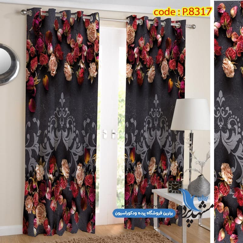 پرده پانچ گلدار طرح گلهای رُز زمینه اسلیمی کد S8317