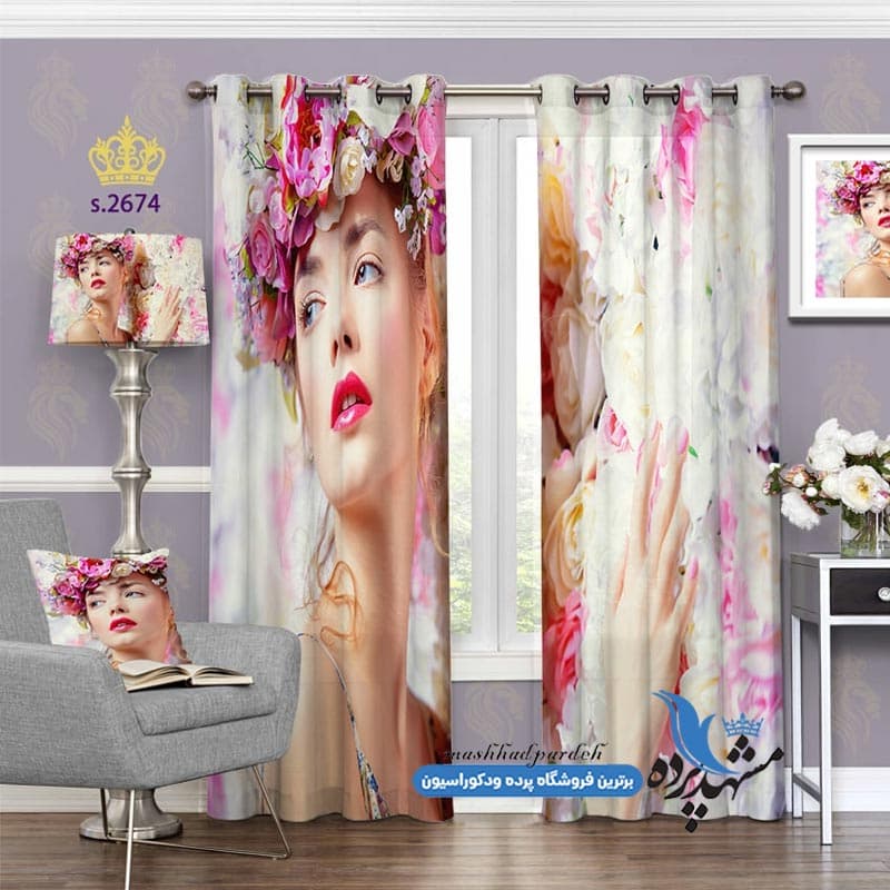 پرده پانچ چهره طرح دخترانه زمینه گلدار کد S2674